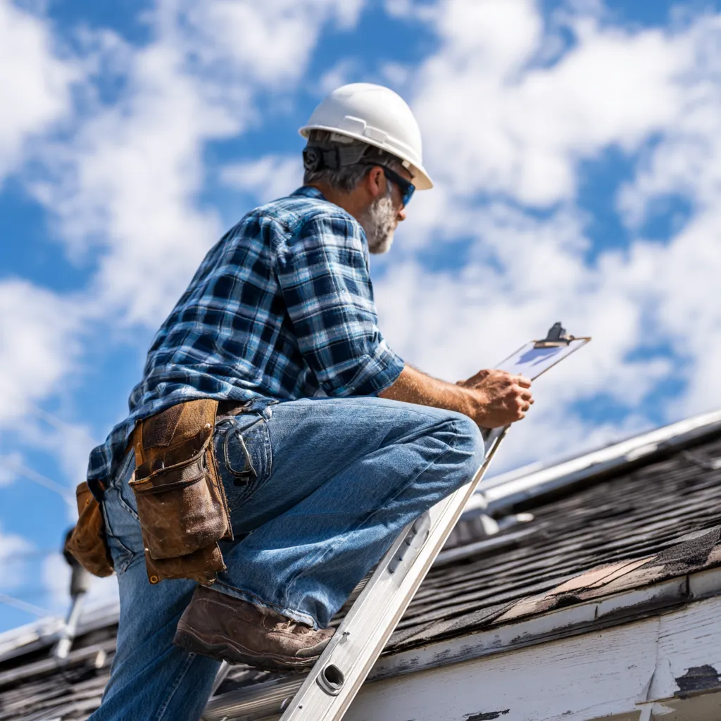 Clipboard held by an inspector on a ladder at the roof edge